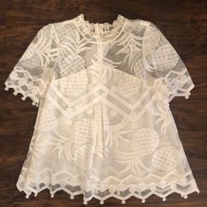 Anthropologie HD in Paris white Pineapple Lace Blouse short sleeve size 6